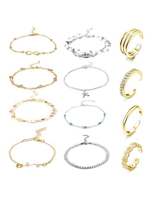 FUNRUN JEWELRY 12PCS Anklet and Toe Ring Set for Women Girls Beach Ankle Bracelets Adjustable Open Toe Ring Foot Jewelry
