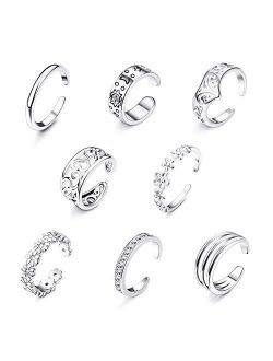 JFORYOU Open Toe Rings Set for Women 8-10 Pcs Hypoallergenic Adjustable Heart Leaf Arrow Style Fingers Joint Tail Ring Band Sandals Foot Jewelry