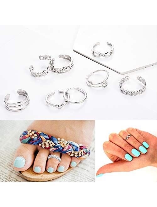 KOHOTA 8PCS Open Toe Rings Set for Women Hypoallergenic Adjustable Flower Knot Simple Arrow Fingers Joint Tail Ring Band Sandals Foot Jewelry