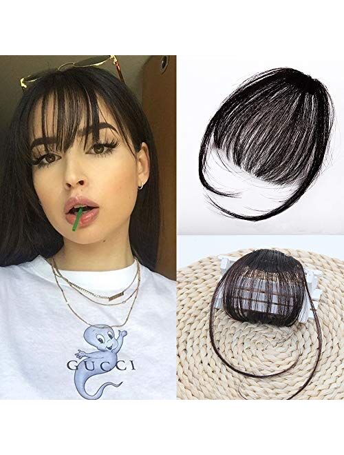 Clip in Air Bangs Remy Human Hair Extensions One Piece Front Neat Air Fringe Hand Tied Straight Flat Bangs Clip on Hairpiece for Women