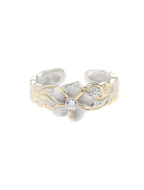 Hawaiian Sterling Silver with Yellow Gold Flashed Plumeria Toe Ring with Synthetic CZ Accent