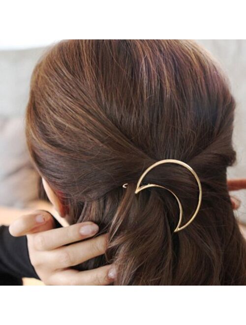 BeautyMood 6pcs Minimalist Dainty Gold Silver Hollow Geometric Metal Hairpin Hair Clip Clamps,Circle, Triangle and Moon