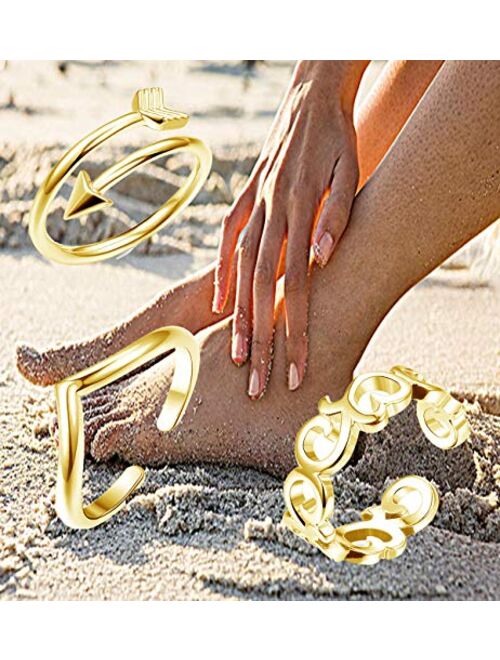 FIBO STEEL 3 Pcs Toe Rings for Women Flower Open Tail Ring Adjustable