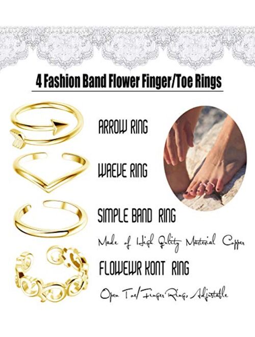 FIBO STEEL 3 Pcs Toe Rings for Women Flower Open Tail Ring Adjustable