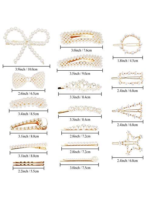 Pearl Hair Barrettes for Women Girls, Funtopia 18pcs Fashion Sweet Artificial Pearl Hair Clips Geometric Barrette Decorative Bobby Pins Bow Alligator Clips for Party Wedd