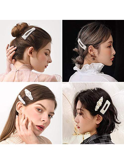 Pearl Hair Barrettes for Women Girls, Funtopia 18pcs Fashion Sweet Artificial Pearl Hair Clips Geometric Barrette Decorative Bobby Pins Bow Alligator Clips for Party Wedd