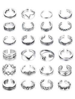 Finrezio 24PCS Open Toe Rings Set for Women Girls Various Types Knuckle Ring Vintage Retro Finger Ring Adjustable
