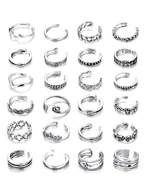 Finrezio 24PCS Open Toe Rings Set for Women Girls Various Types Knuckle Ring Vintage Retro Finger Ring Adjustable