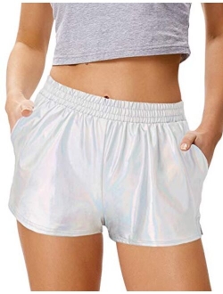 Women's Yoga Hot Shorts Shiny Metallic Pants with Elastic Waist