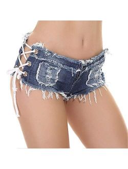 cunlin Ripped Low Waist Lace up Denim Jeans Shorts for Women Tassel Booty Micro Mini Thong Hot Pants
