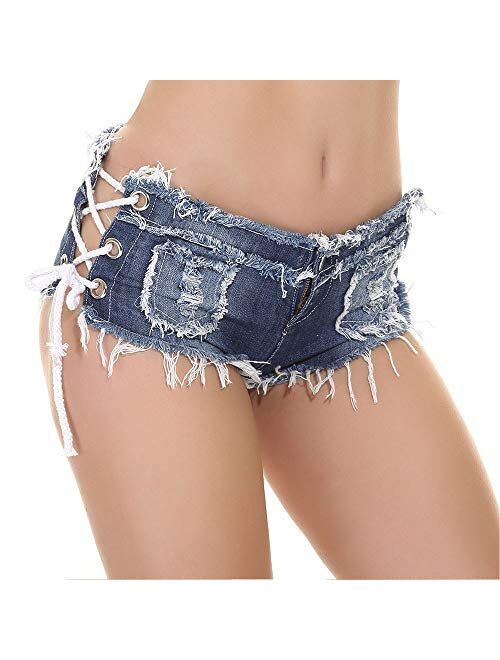 Ripped Low Waist Lace up Cut Off Denim Jeans Shorts for Women Tassel Booty Micro Bandage Mini Thong Short Hot Pants 