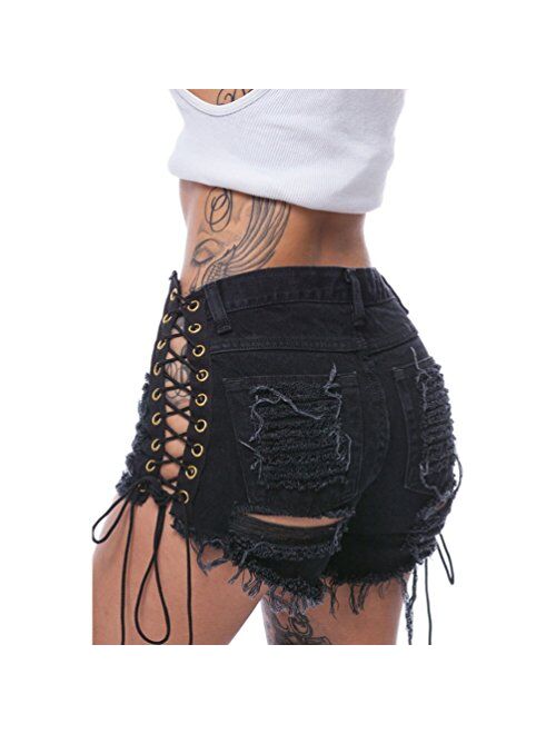 Nicetage Womens Lace up Ripped Short Jeans Sexy Stretchy Destroyed Denim Shorts Mini Hot Pants