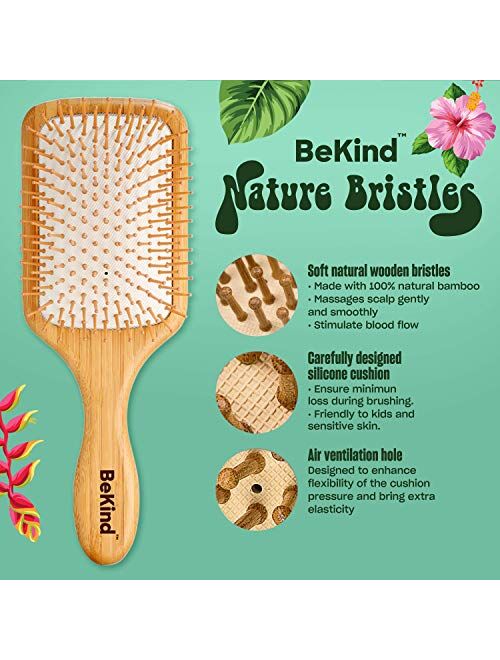 BeKind Nature Bristles (4 pcs) Natural Wood Hair Paddle Detangling Brush and Comb Kit Set with Wooden Bristles Massage Scalp Bamboo Comb Unisex Gift Idea for Men Women an