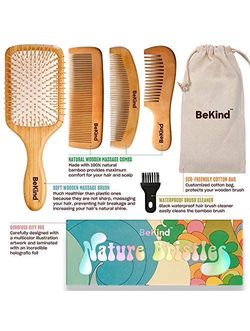 BeKind Nature Bristles (4 pcs) Natural Wood Hair Paddle Detangling Brush and Comb Kit Set with Wooden Bristles Massage Scalp Bamboo Comb Unisex Gift Idea for Men Women an