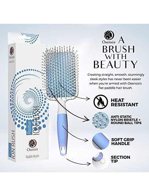 Hair Paddle Brush with Ionic Minerals - Thick Hair Brush for Men and Women, for Blow Drying, Straightening - Gentle Bristles, Easy Comfort Grip Flat by Osensia