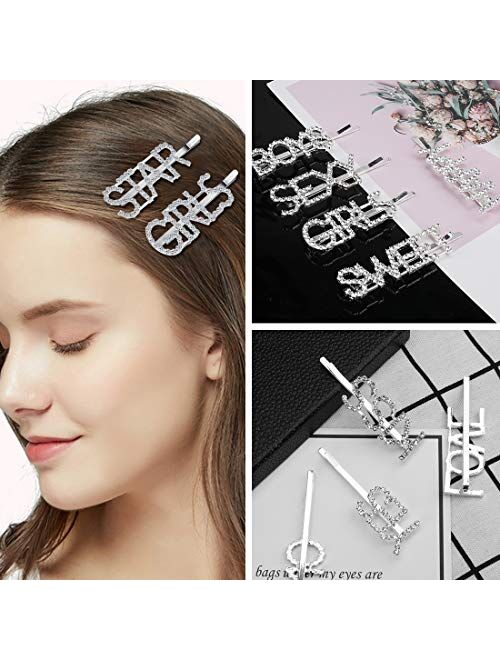 Word Hair Clips for Women, 15 Pcs Crystal Letter Hair Pins for Women, Rhinestone YES No HAPPY KISS SORRY BOSS and Other Letter Hair Barrette for Women