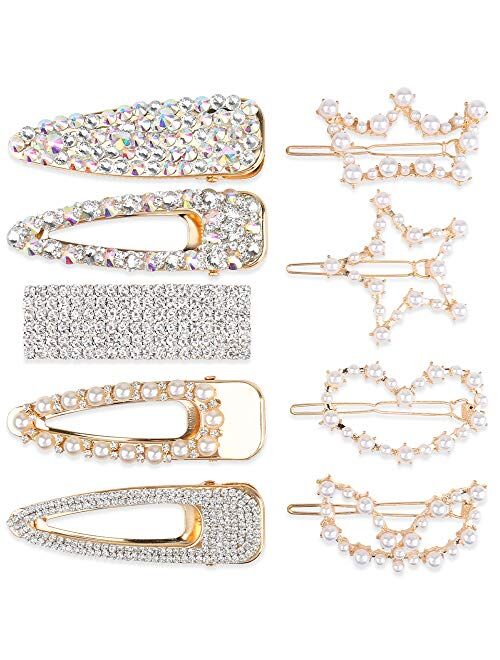 9 Pcs Shining Hair Clips, Teenitor Ultra Sparkly 5 Pcs Large Size Rhinestone Hair Alligator Clip And 4 Pcs Pearl Barrettes For Women Girl Hair Styling Accessories Christm