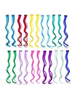 SWACC 22 Pcs Colored Party Highlights Clip on in Hair Extensions Multi-Colors Hair Streak Synthetic Hairpieces