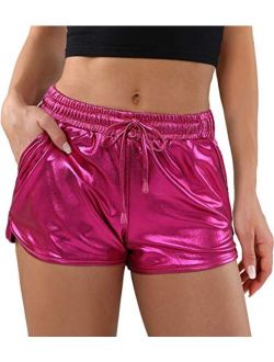 POSHDIVAH Metallic Shorts for Women Hot Sparkly Shiny Shorts with Elastic Drawstring