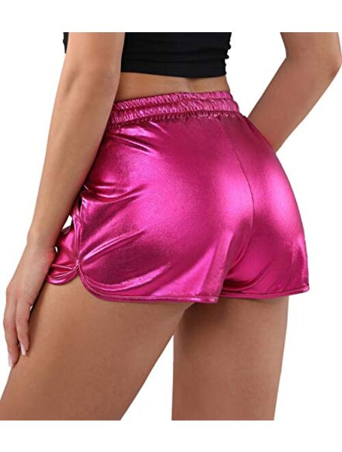POSHDIVAH Metallic Shorts for Women Hot Sparkly Shiny Shorts with Elastic Drawstring
