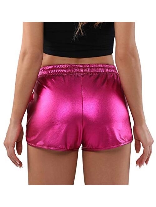 POSHDIVAH Metallic Shorts for Women Hot Sparkly Shiny Shorts with Elastic Drawstring