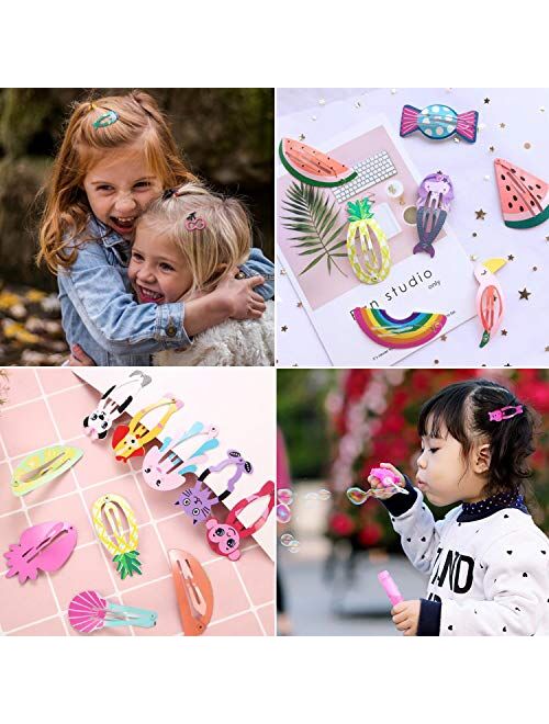 Girls Hair Clips Barrettes, Funtopia 80 Pcs Lovely Animal Fruit Printed Pattern Metal Snap Hair Clips Cartoon Design Hairpins for Kids Teens Pets