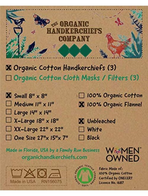 Organic Handkerchiefs Co, Flannel Hankies, Mens, Unbleached, 8 inch Pack of 3
