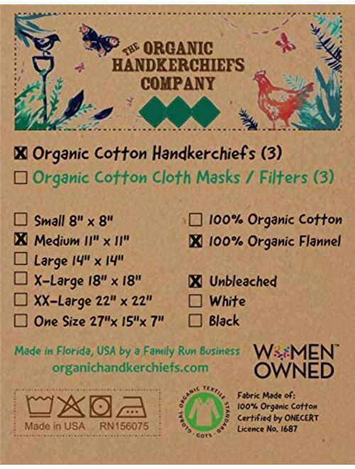 Organic Handkerchiefs Co, Flannel Hankies, Mens, Unbleached, 11 inch Pack of 3