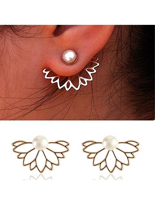 QHiYan 10 Pairs Ear Jacket Stud Lotus Flower Earrings Simple Chic Earring Set for Women and Girls