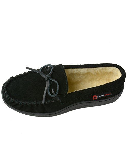 Alpine Swiss Sabine Womens Genuine Suede Shearling Slip On Moccasin Slippers