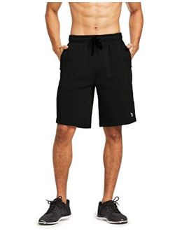 Men's Fleece Gym Shorts Cotton 9 Inches with Zipper Pockets for Home Fitness Jogger Casual