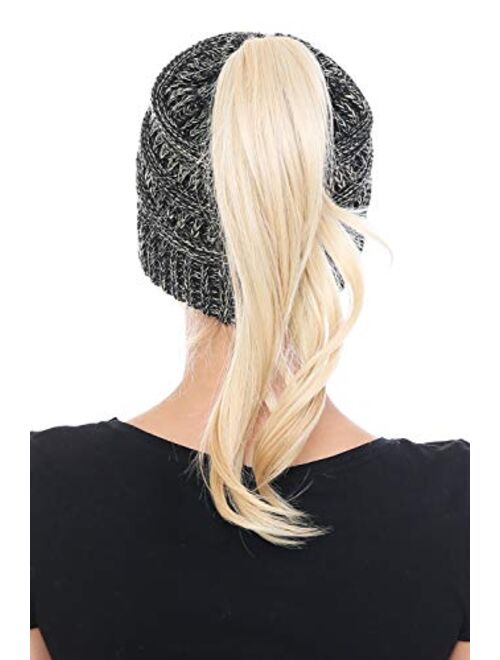 C.C BeanieTail Soft Stretch Cable Knit Messy High Bun Ponytail Beanie Hat