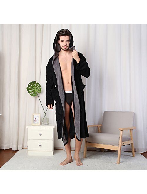 Hooded Herringbone Men's Black Soft Spa Full Length Warm Bathrobe With Grey Kimono Shawl Collar