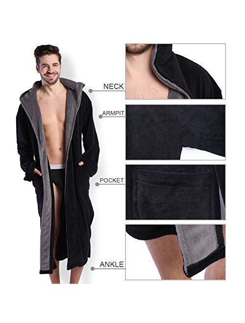 Hooded Herringbone Men's Black Soft Spa Full Length Warm Bathrobe With Grey Kimono Shawl Collar