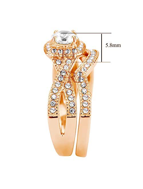 FlameReflection Stainless Steel Rings for Women Infinity Wedding Set Round CZ Cubic Zirconia Wedding Sets for Women Halo Engagement Rings for Women Bridal Jewelry Set (Ch
