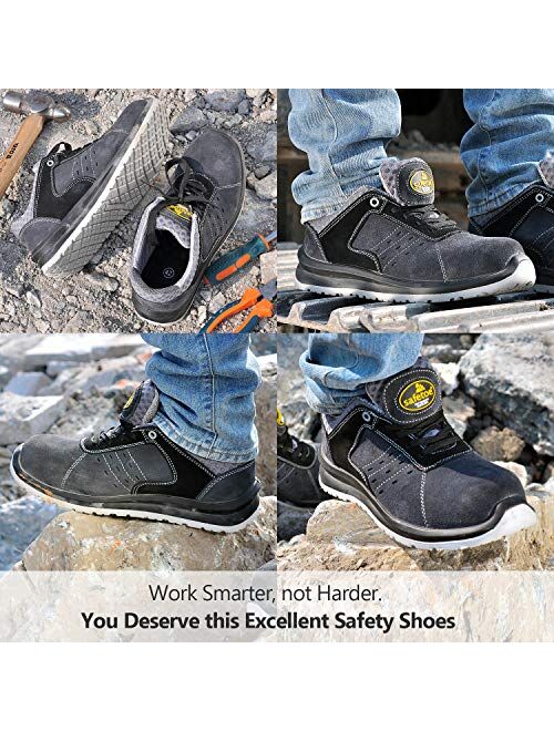SAFETOE Mens Safety Shoes Steel Toe Shoes -[ASTM Approved] Lightweight Leather Safety Work Shoes for Heavy Duty Construction Work Wide Fit Safety Sneaker Non Slip