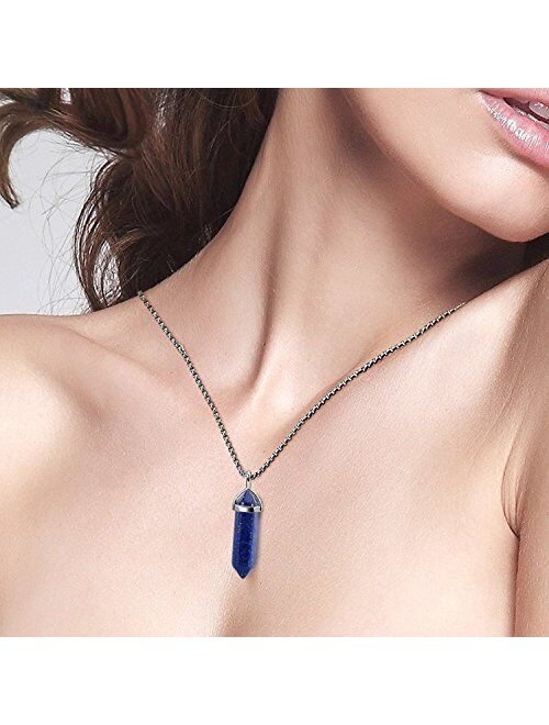 BEADNOVA Gemstone Crystal Necklace for Women Healing Stone Pendant Jewelry for Men Pendulum Divination Energy Healing Hexagonal Pendent (18 Inches Stainless Steel Chain)