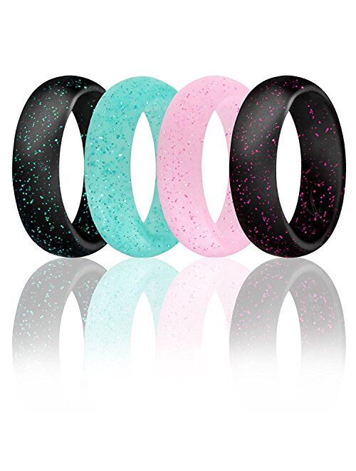 ROQ Silicone Wedding Ring for Women, Affordable Silicone Rubber Wedding Bands, 7 Packs, 4 Pack & Singles - Glitters & Metallic - Rose Gold, Silver, Pink, Black, Blue