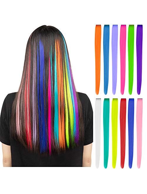 12 Pcs Colored Party Highlights Colorful Clip in Hair Extensions 22 inch Straight Synthetic Hairpieces for Women Kids Girls