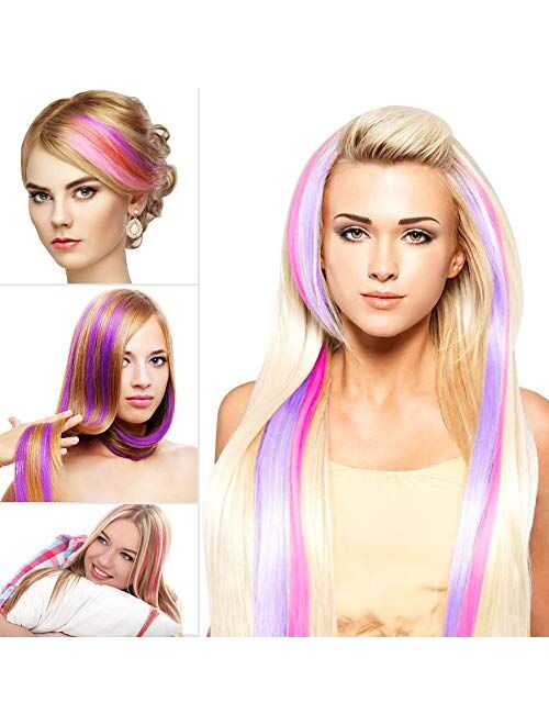 12 Pcs Colored Party Highlights Colorful Clip in Hair Extensions 22 inch Straight Synthetic Hairpieces for Women Kids Girls