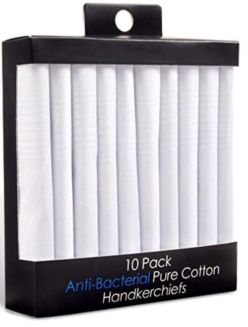 10 Pack Antibacterial 100% Pure Cotton Men's Handkerchiefs White - Hanky Hankie