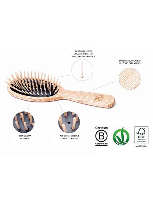 Tek rectangular hairbrush in ash wood with short pins Handmade in Italy