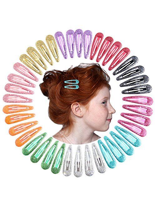 QtGirl Snap Hair Clips 40pcs 2" No Slip Glitter Hair Clip Metal Hair Barrettes for Baby Girls Toddlers