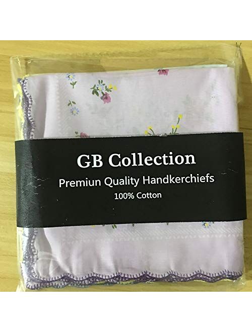 GB Womens 100% Cotton Handkerchiefs Assorted with Wavy Edge and Print Floral 12 Pieces 
