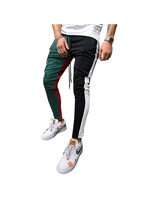 LONGBIDA Men's Skinny Color Striped Block Track Pants Joggers Sweatpants with Zipper Pockets