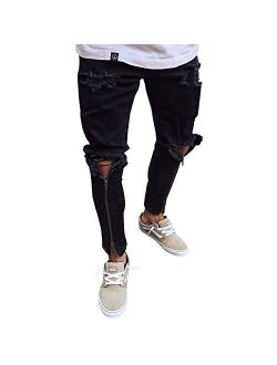 LONGBIDA Men's Slim Ripped Skinny Jeans Black Denim Pants with Zipper