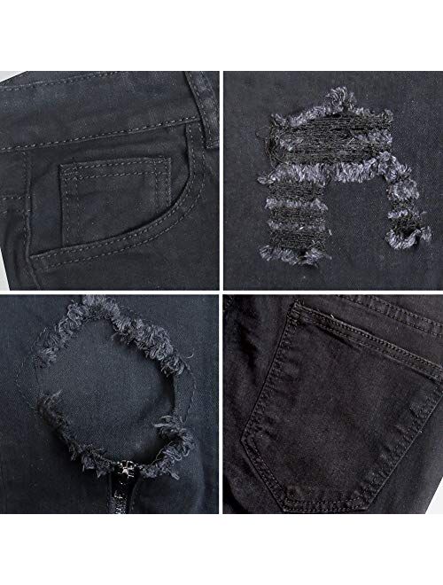 LONGBIDA Men's Slim Ripped Skinny Jeans Black Denim Pants with Zipper