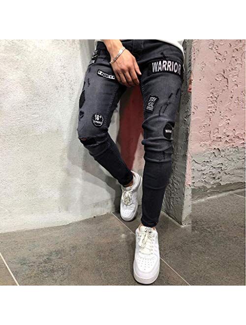 NREALY Pants Mens Stretch Denim Pant Distressed Ripped Freyed Slim Fit Pocket Jeans Trousers