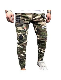 GUYHK Men's Fashion Casual Denim Ripped Distressed Slim Fit Jogger Pants Camouflage Jeans