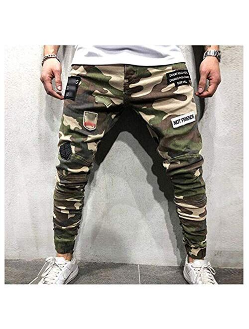 GUYHK Men's Fashion Casual Denim Ripped Distressed Slim Fit Jogger Pants Camouflage Jeans